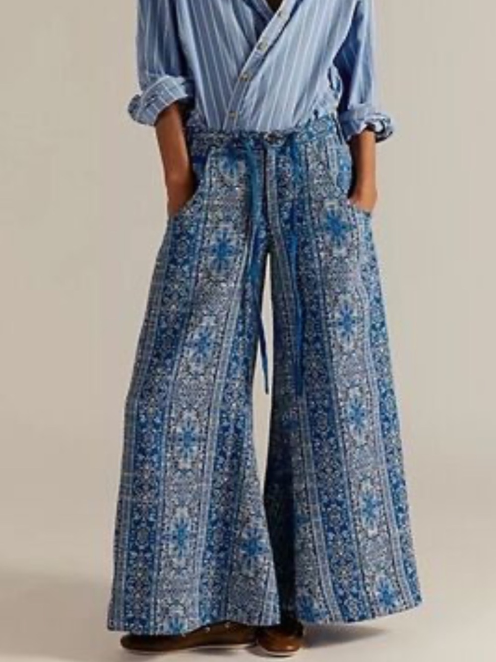 Free People Sz 6 Pants Dahlia Wide-Leg Blue jacquard Printed Boho Hippie Retro